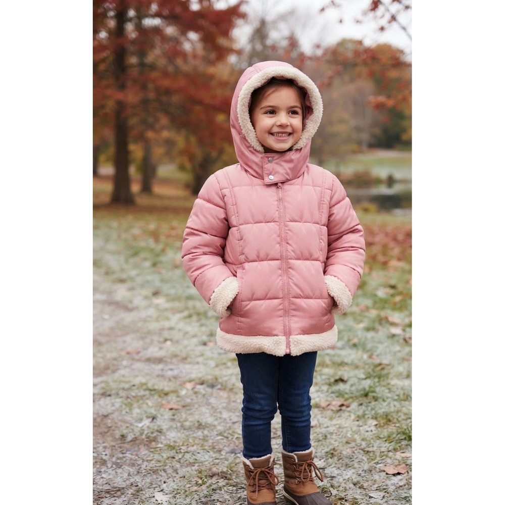 Sam Edelman Girls Pink Puffer Jacket Faux Fur Trim Star Back XS 5/6
